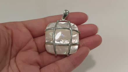 Square Shell Pendant, Sterling Silver, GENUINE MOP Mother of Pearl, Statement Modern Geometric White Stone Necklace, Original Lace Jewelry